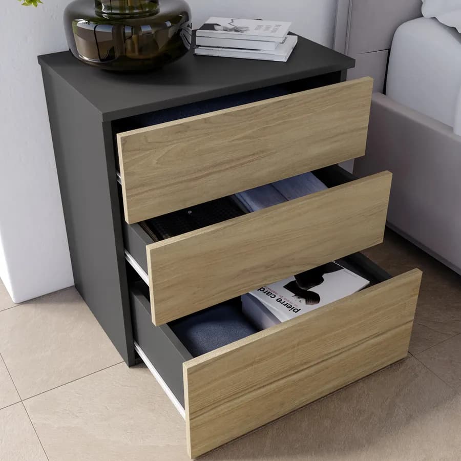 Comodino 52x58h cm con 3 cassetti antracite e rovere - Axel