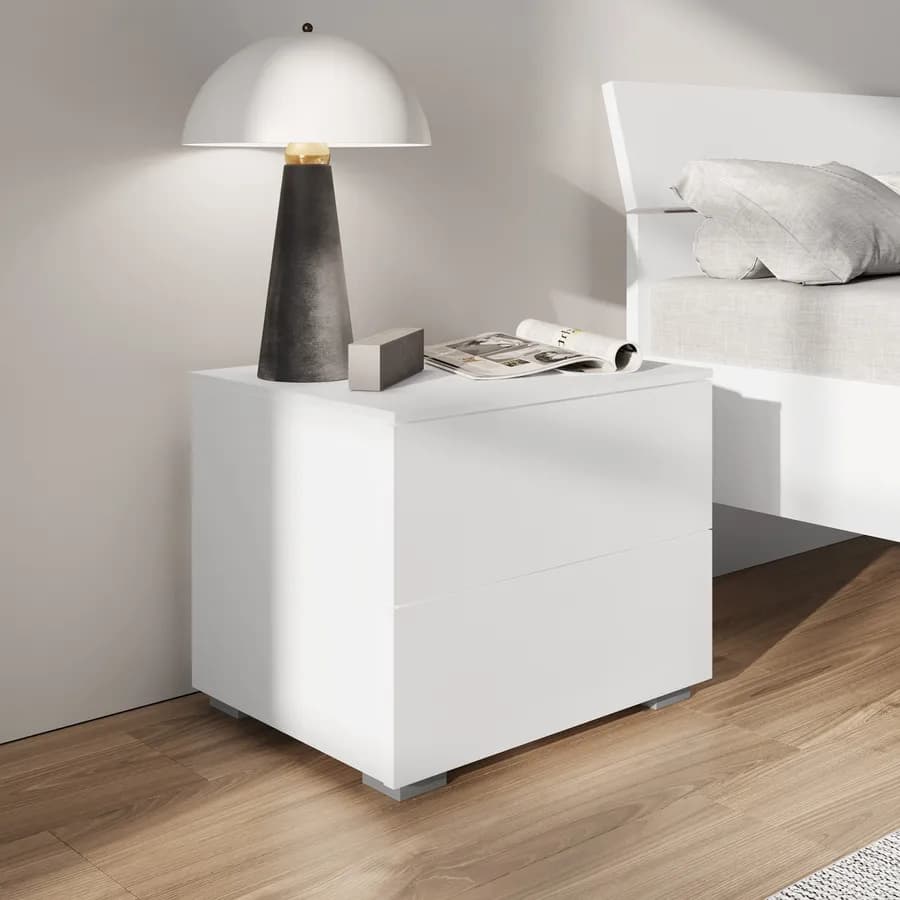 Comodino 55x44h cm con due cassetti in bianco lucido - Reina