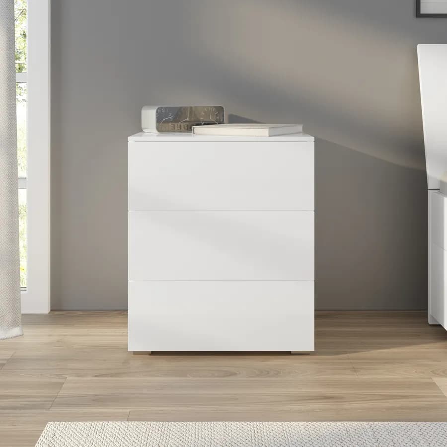 Comodino 55x65h cm con tre cassetti bianco lucido - Reina