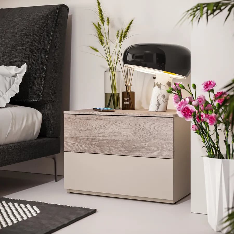 Comodino 60x43h cm cashmere opaco e rovere gessato con 2 cassetti - Noiba