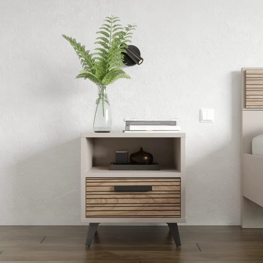 Comodino 50x55h cm con 1 cassetto cashmere opaco e rovere effetto cannettato - Bizet
