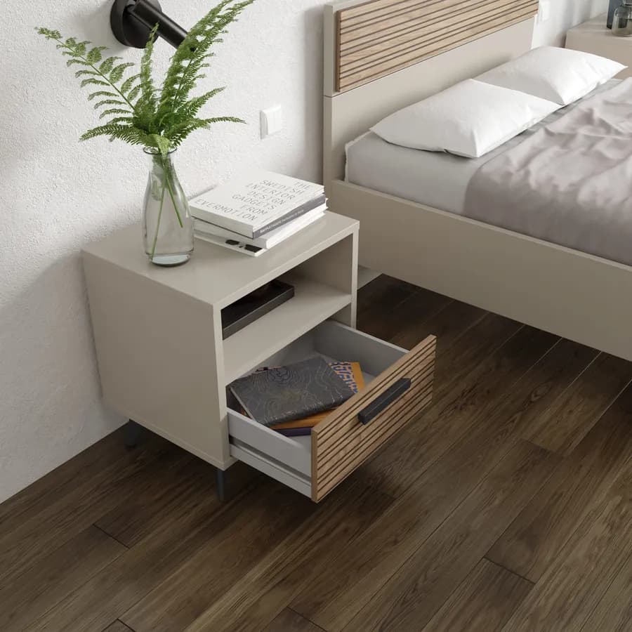 Comodino 50x55h cm con 1 cassetto cashmere opaco e rovere effetto cannettato - Bizet