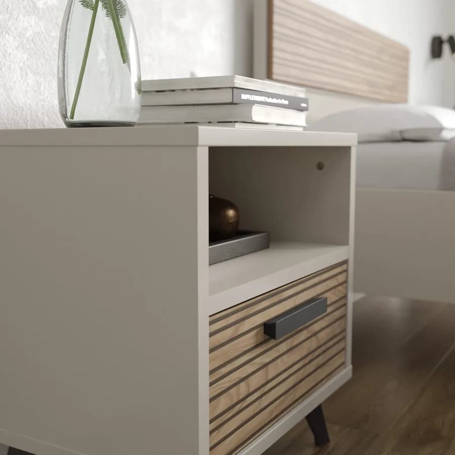 Comodino 50x55h cm con 1 cassetto cashmere opaco e rovere effetto cannettato - Bizet