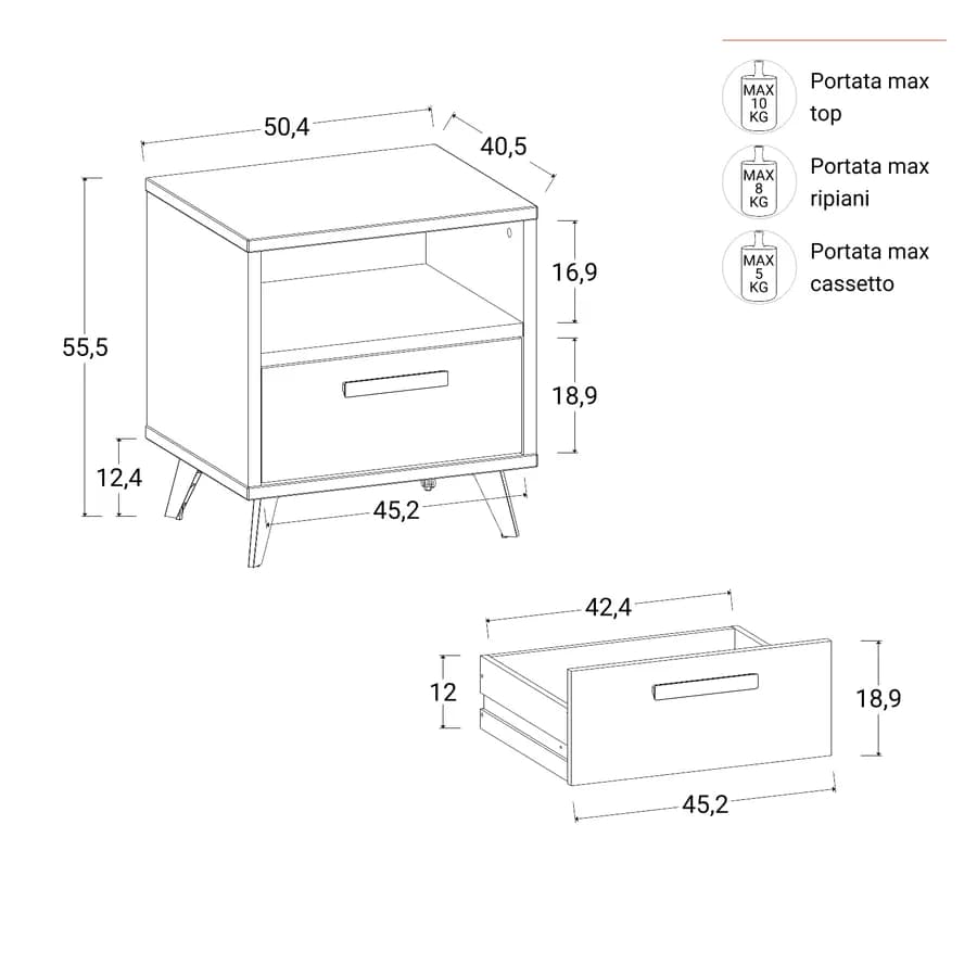 Comodino 50x55h cm con 1 cassetto cashmere opaco e rovere effetto cannettato - Bizet