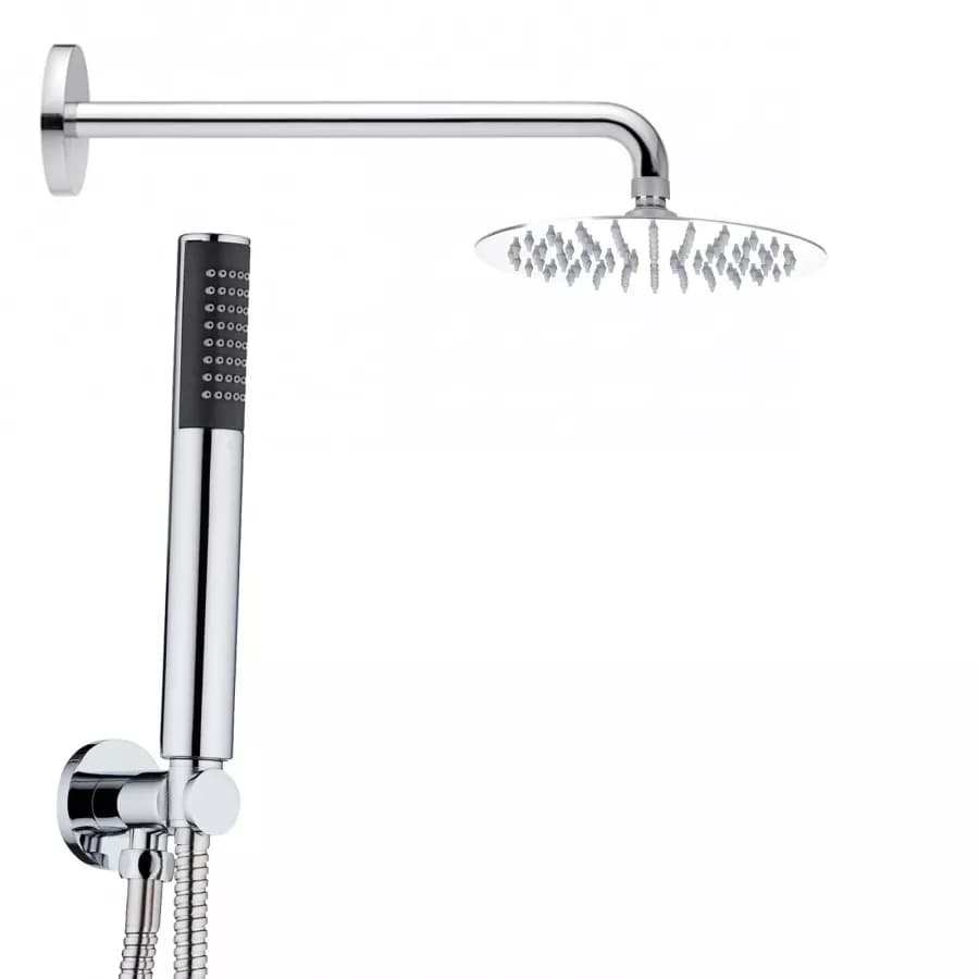 Set doccia cromato con soffione da 40 cm braccio e doccino con tubo flessibile