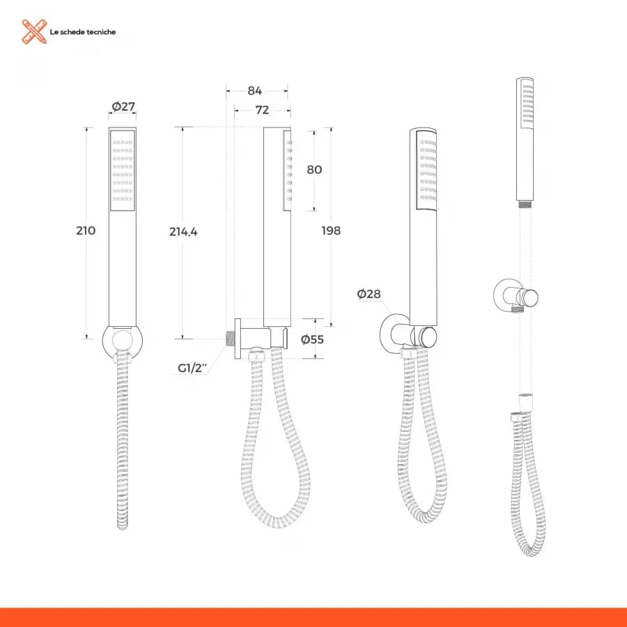 Composizione doccia con braccio 28 cm, soffione 25x15 e doccino con flessibile