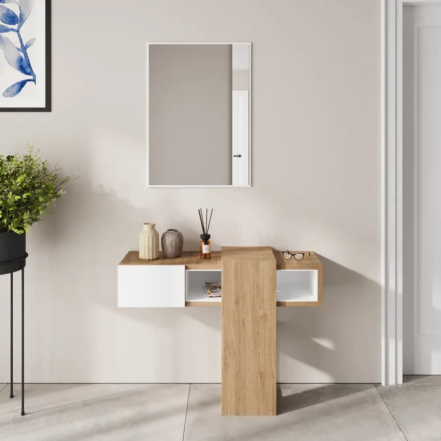 Consolle 100x30 cm bianco ed effetto rovere con cassetto e specchio - Nevay