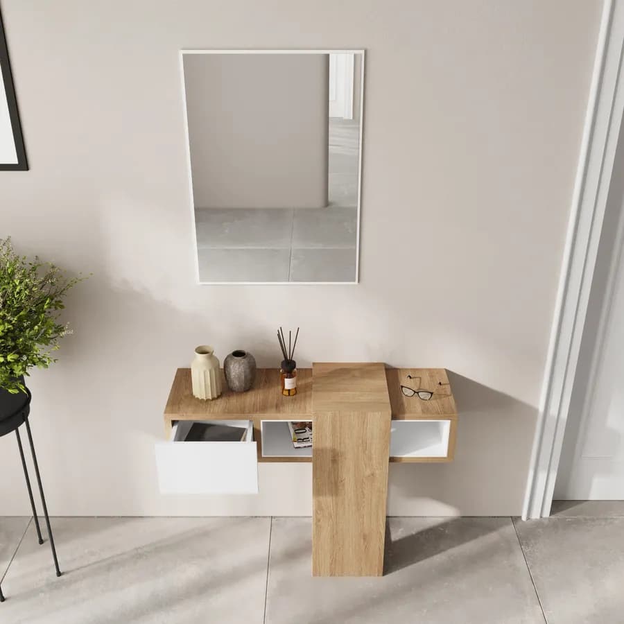 Consolle 100x30 cm bianco ed effetto rovere con cassetto e specchio - Nevay