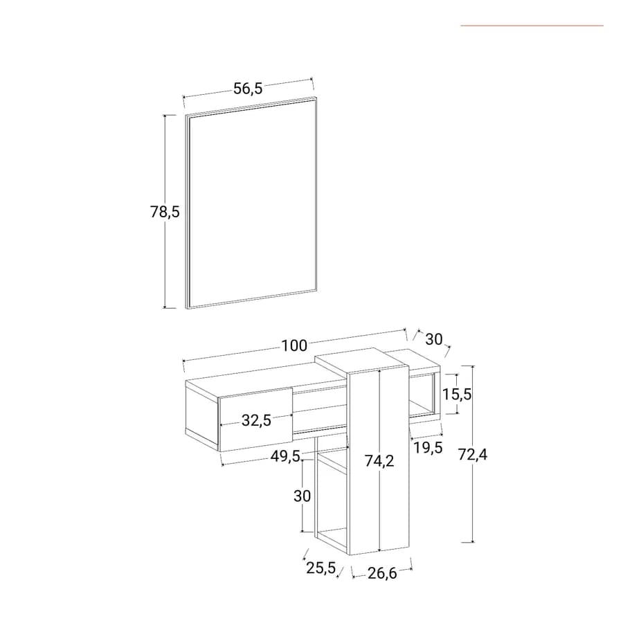 Consolle 100x30 cm bianco ed effetto rovere con cassetto e specchio - Nevay