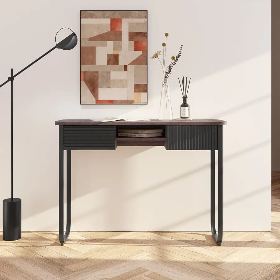 Consolle 110 cm in legno cannettato noce e nero con due cassetti - Sven