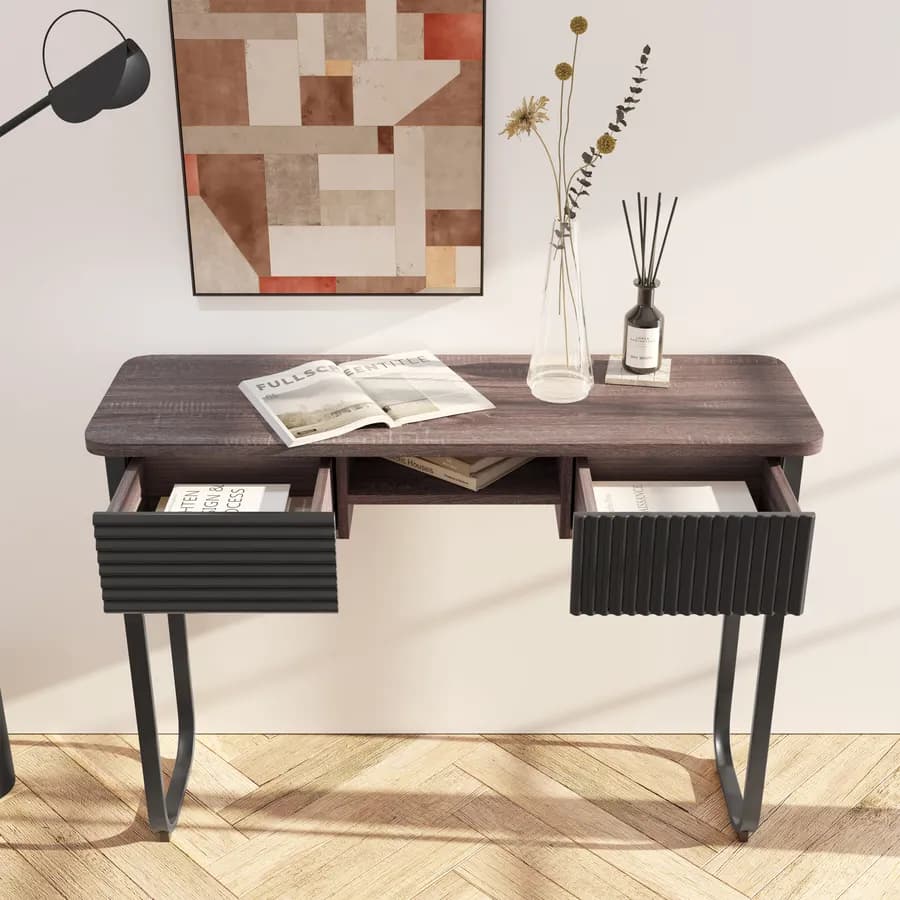 Consolle 110 cm in legno cannettato noce e nero con due cassetti - Sven
