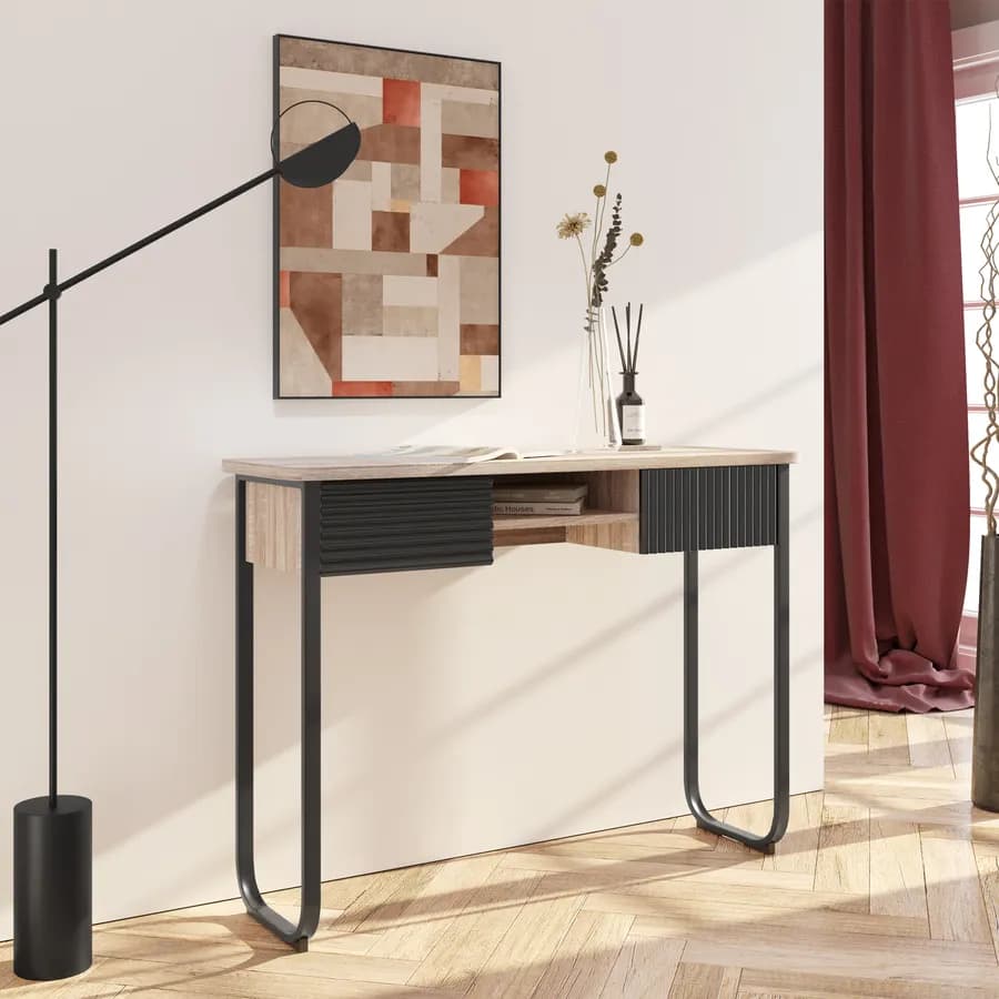 Consolle 110 cm in legno cannettato rovere e nero con due cassetti - Sven