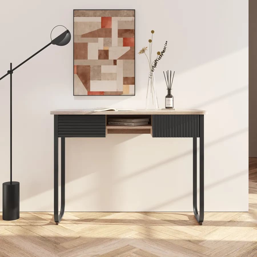 Consolle 110 cm in legno cannettato rovere e nero con due cassetti - Sven