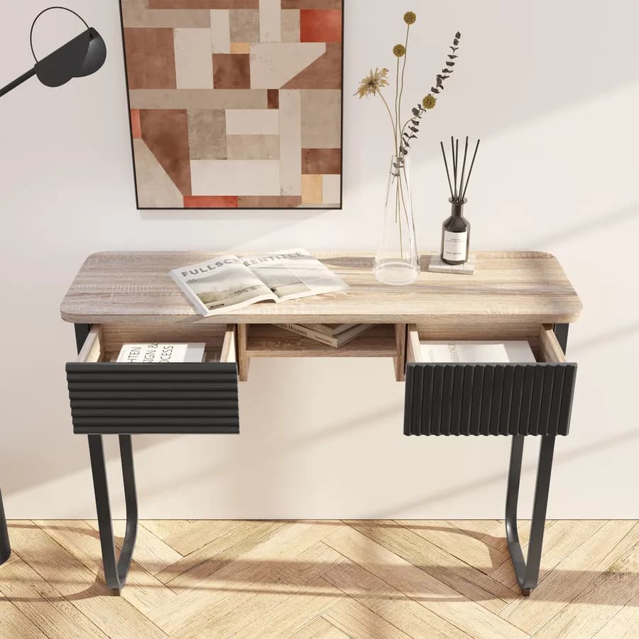 Consolle 110 cm in legno cannettato rovere e nero con due cassetti - Sven