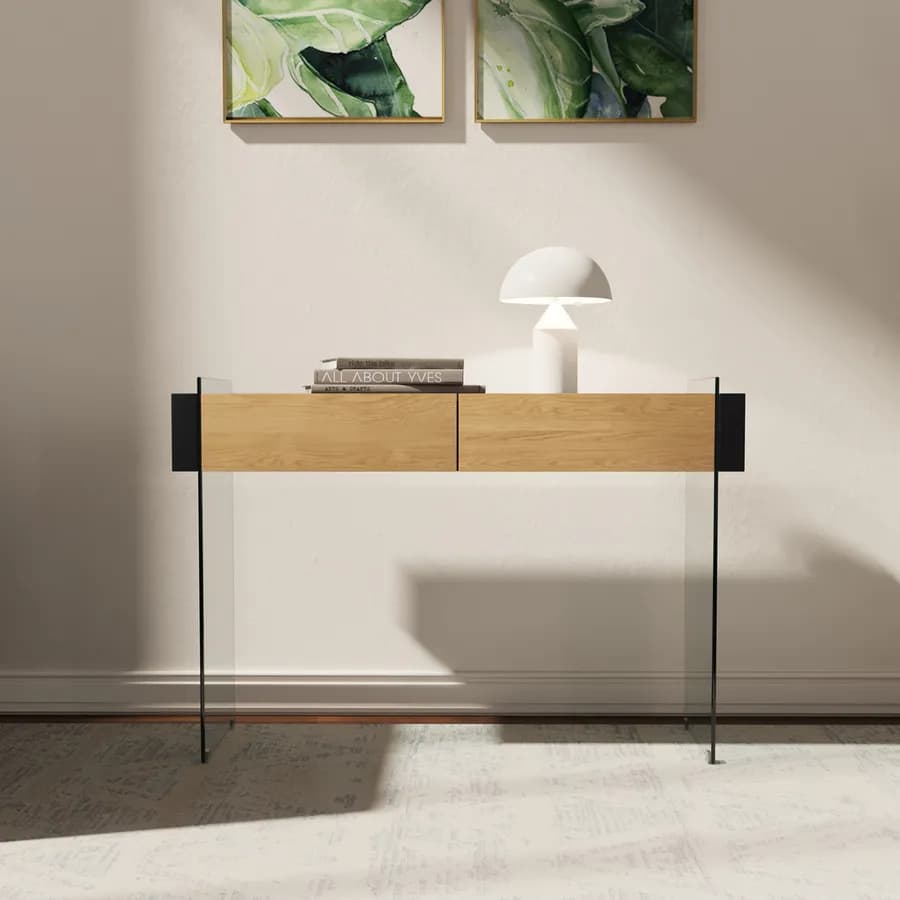 Consolle 110 cm in vetro con 2 cassetti rovere e top nero - City
