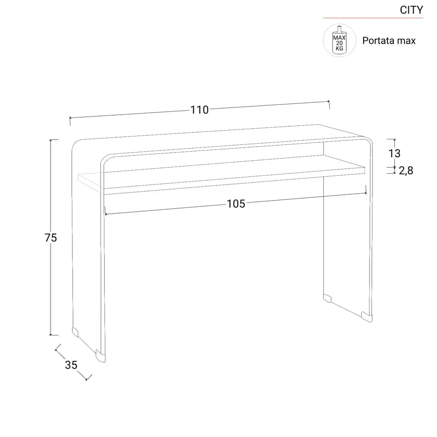 Consolle 110x35 cm in vetro con ripiano bianco - City