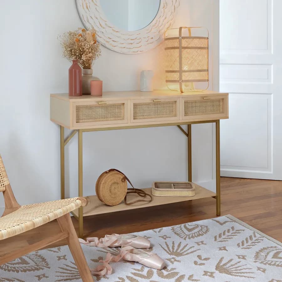 Consolle 110x80h cm in legno e rattan naturale con 3 cassetti e struttura oro - Vallecas