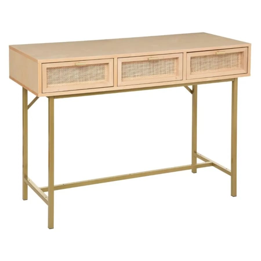 Consolle 110x80h cm in legno e rattan naturale con 3 cassetti e struttura oro - Vallecas