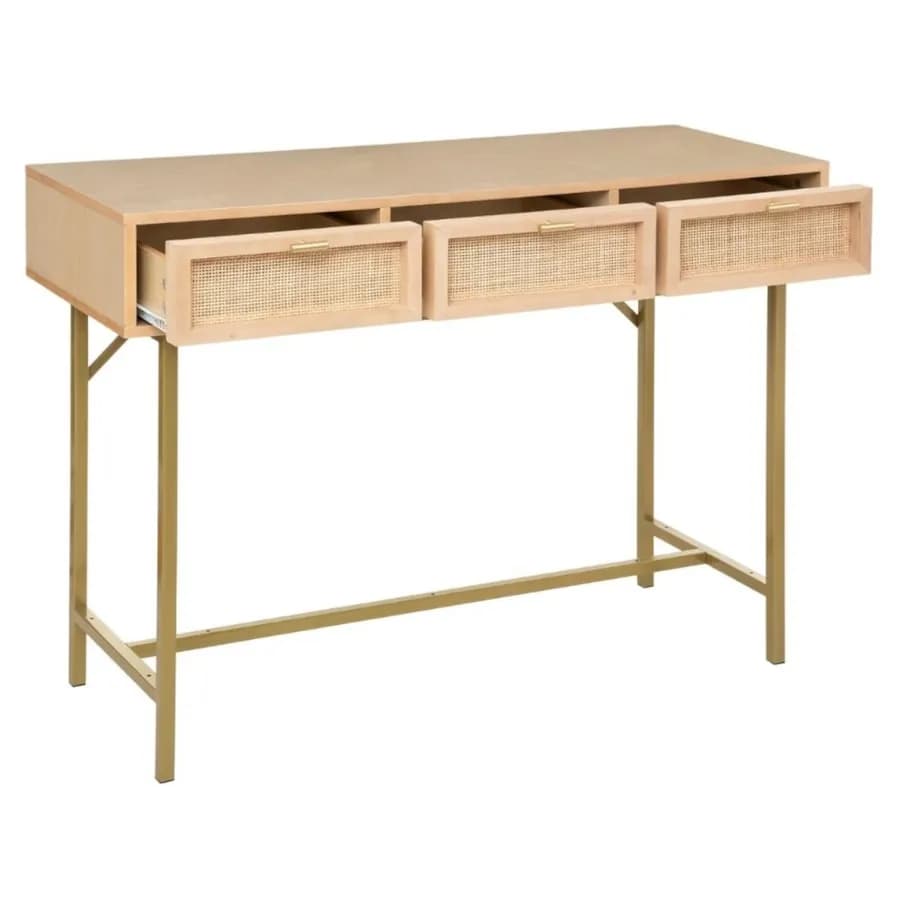 Consolle 110x80h cm in legno e rattan naturale con 3 cassetti e struttura oro - Vallecas