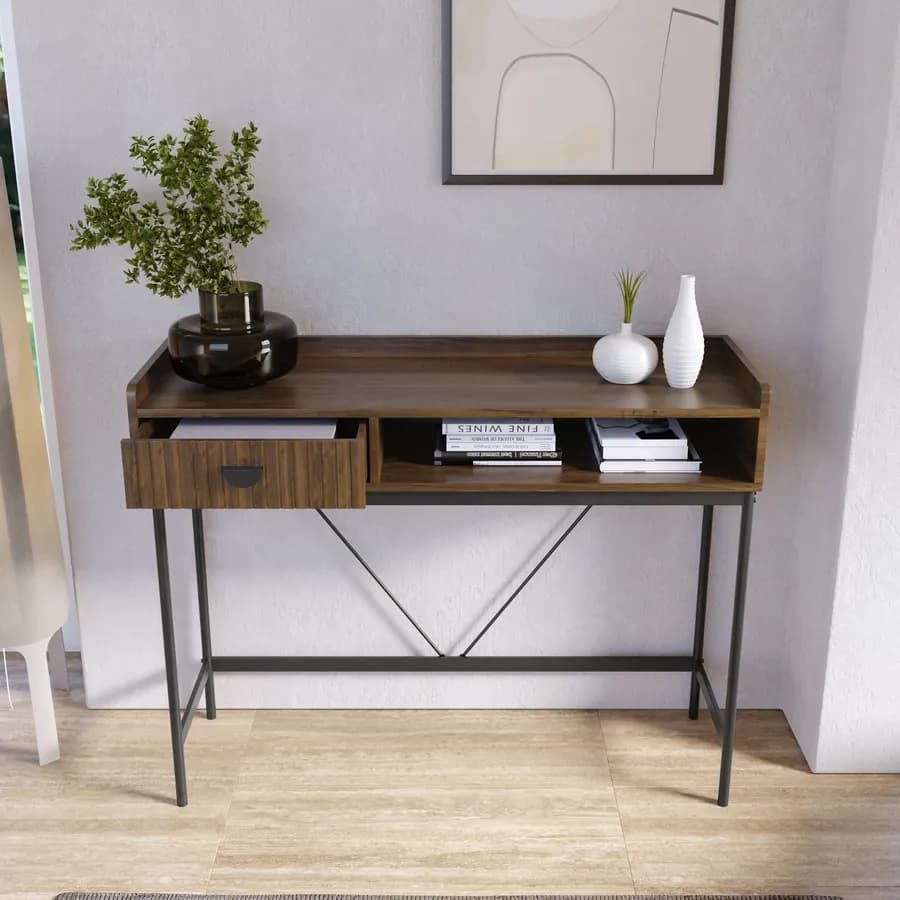 Consolle 110x85h cm con 1 cassetto soft close noce cannettato e gambe in metallo nero - Ozma