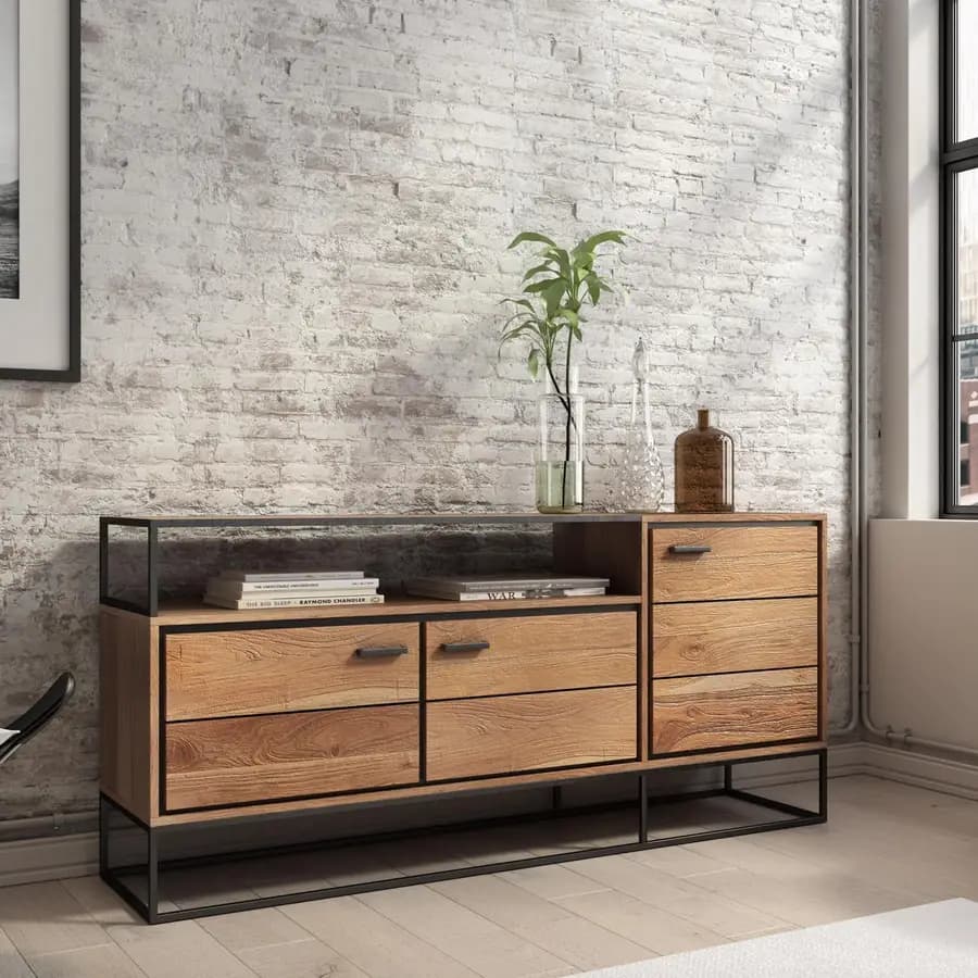Madia 175x77h cm in legno di acacia e metallo con 3 ante - Freia Acacia