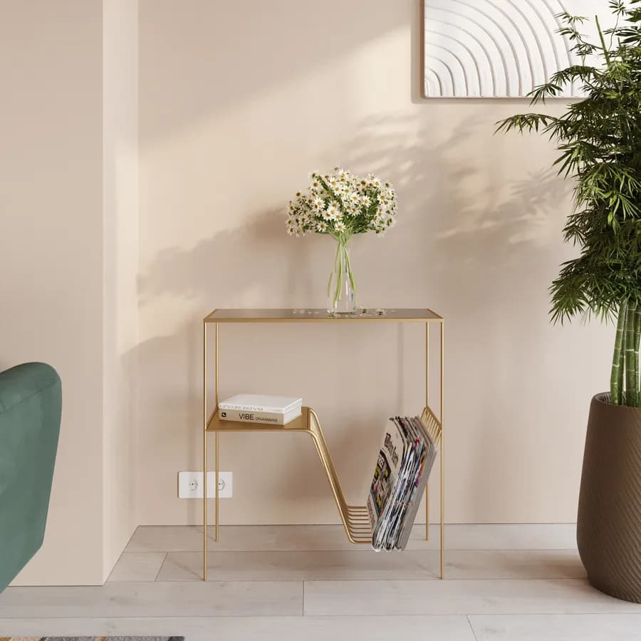 Consolle 59x64h cm oro piano in vetro con portariviste - Richmond