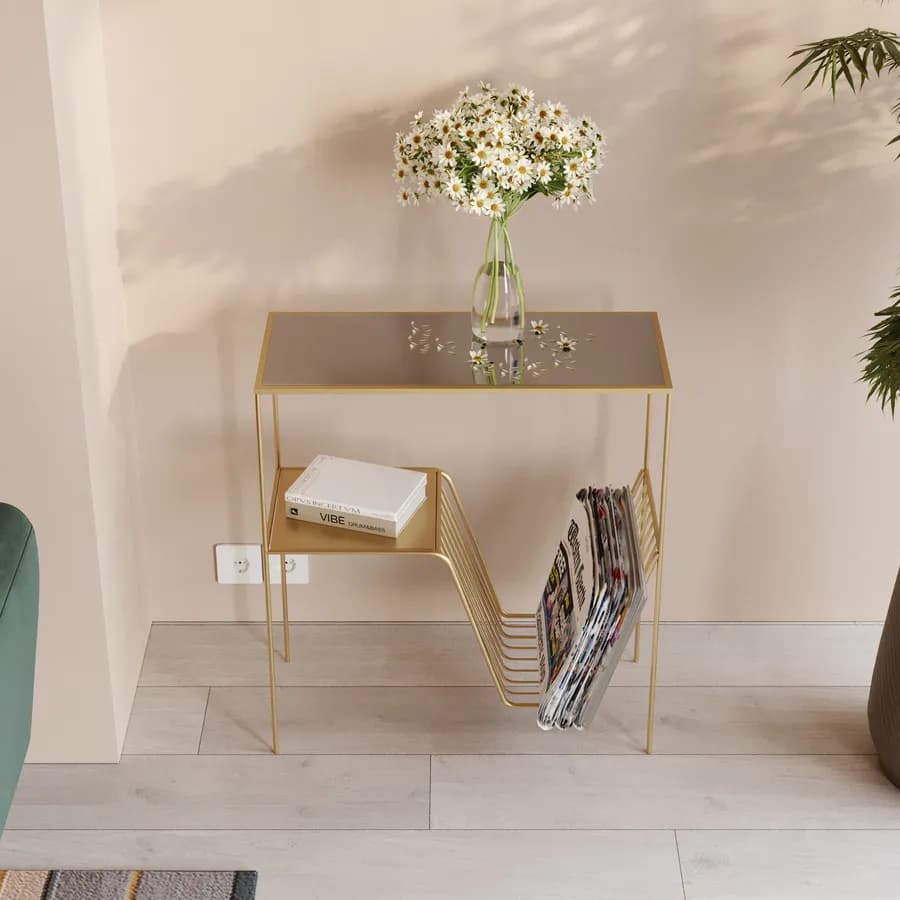 Consolle 59x64h cm oro piano in vetro con portariviste - Richmond