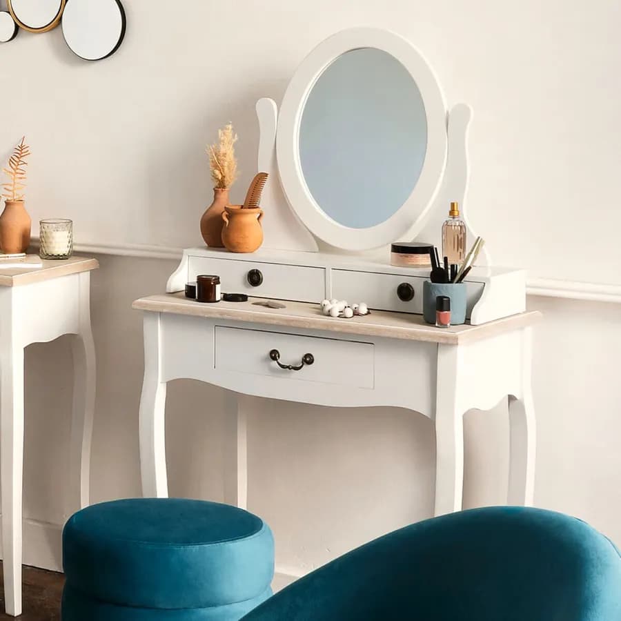 Consolle 74x135h cm in legno bianco e naturale con specchio e 3 cassetti - Nayeli