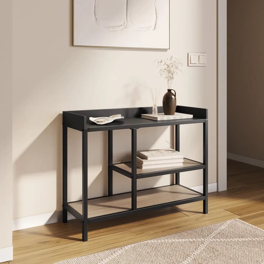 Consolle 80x62h cm effetto rovere grano e metallo nero con ripiani - Puton