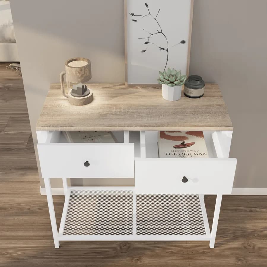 Consolle 80x73h cm in acciaio bianco e top rovere con 2 cassetti - Sheryl