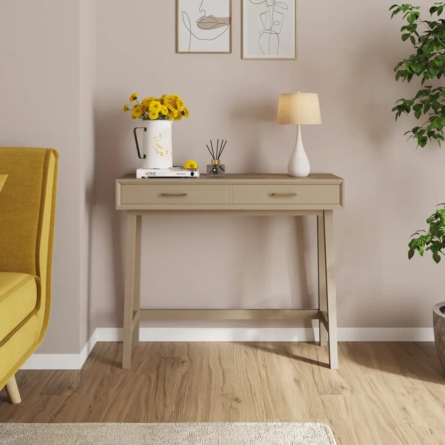 Consolle 90x75h cm in legno tortora con 2 cassetti e maniglia dorata - Lilim