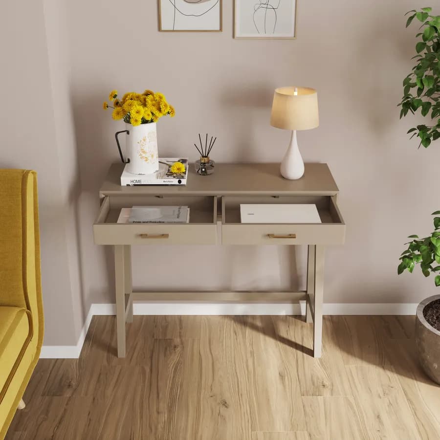 Consolle 90x75h cm in legno tortora con 2 cassetti e maniglia dorata - Lilim