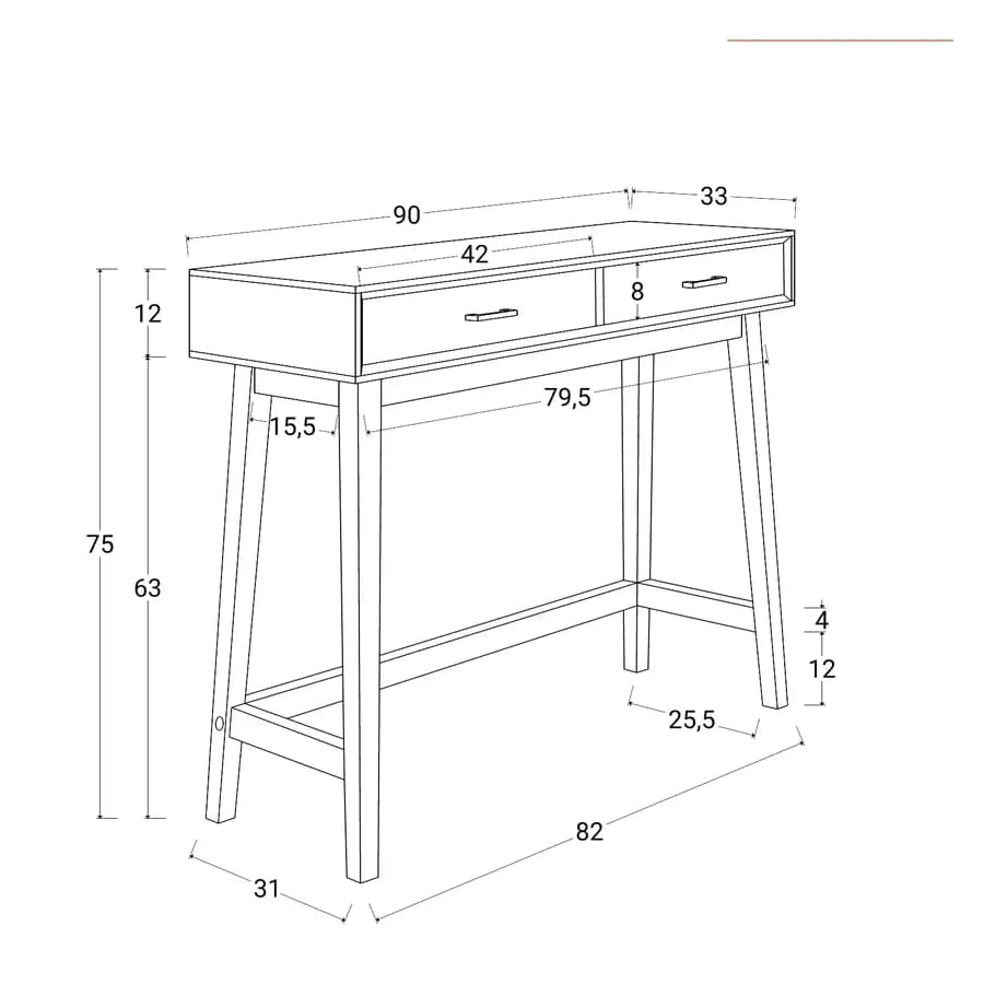 Consolle 90x75h cm in legno tortora con 2 cassetti e maniglia dorata - Lilim