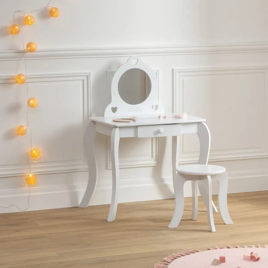 Consolle con specchio e sgabello per bambini 71x91h cm in legno bianco - Kids