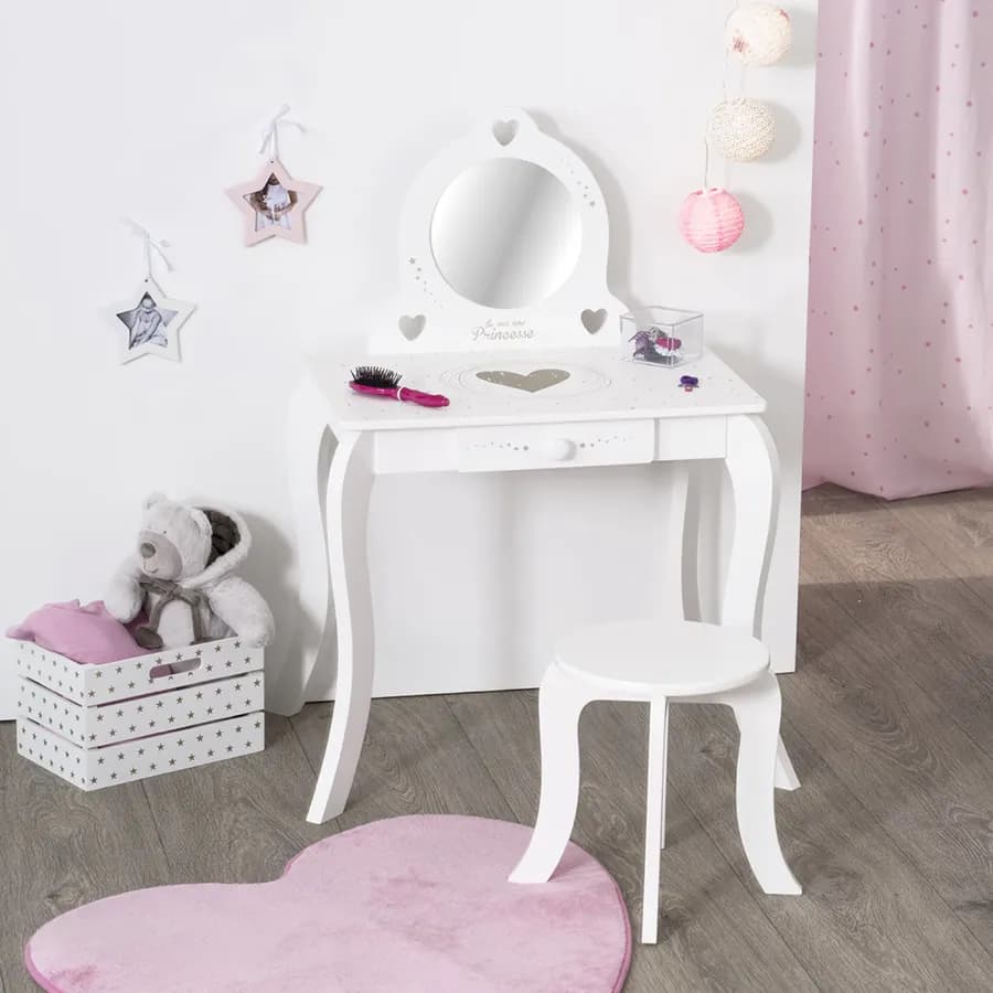 Consolle con specchio e sgabello per bambini 71x91h cm in legno bianco - Kids