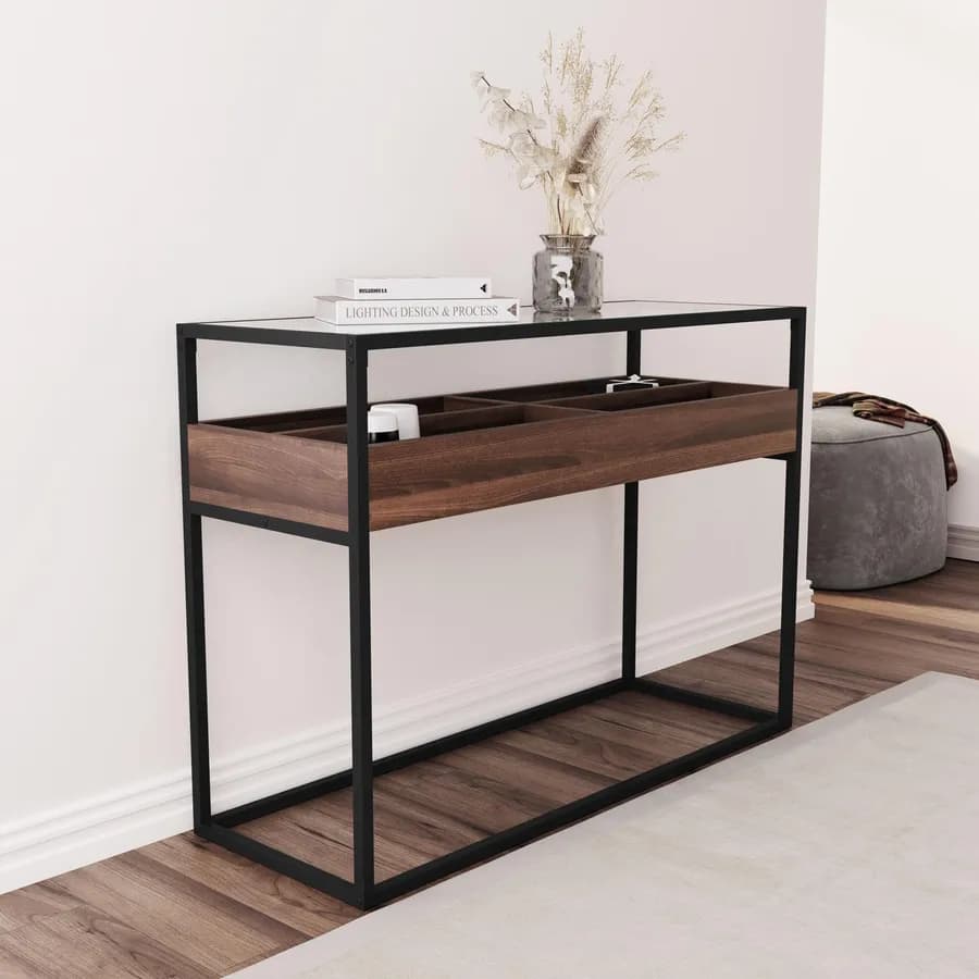 Consolle 110x80h cm con top in vetro e ripiano rovere noce - Tod