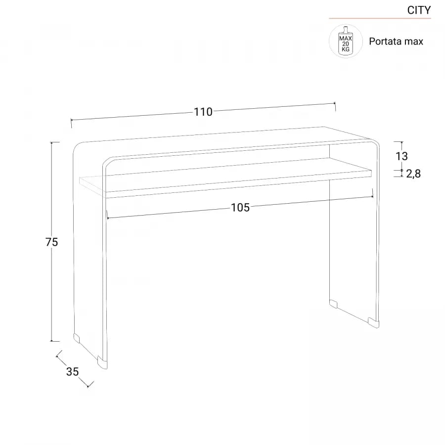 Consolle 110x35 cm in vetro con ripiano - City