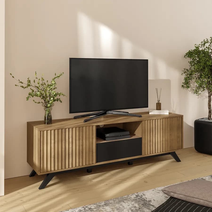 Mobile porta tv 160x51h cm in legno rovere horizon con ante scorrevoli cannettate - Unity