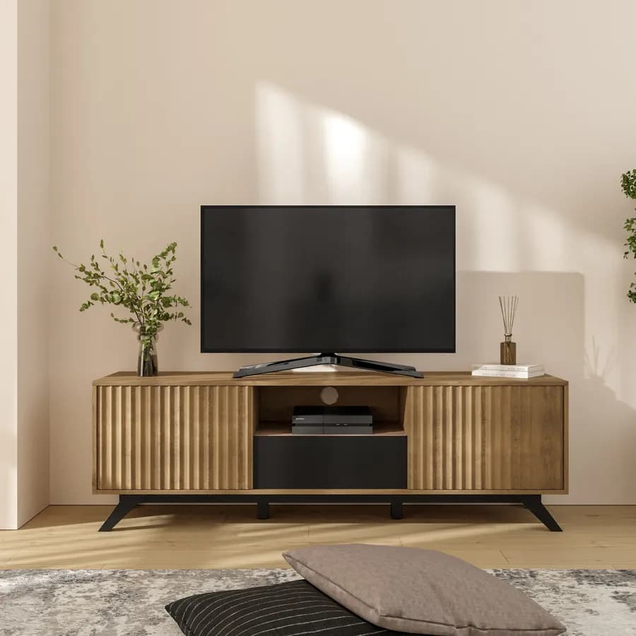 Mobile porta tv 160x51h cm in legno rovere horizon con ante scorrevoli cannettate - Unity
