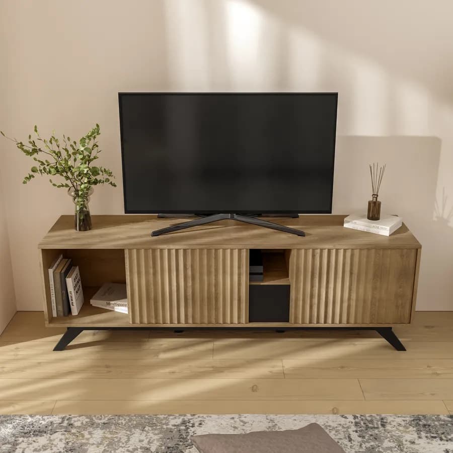 Mobile porta tv 160x51h cm in legno rovere horizon con ante scorrevoli cannettate - Unity