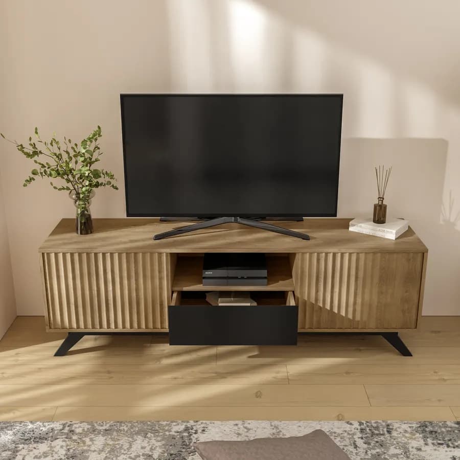 Mobile porta tv 160x51h cm in legno rovere horizon con ante scorrevoli cannettate - Unity