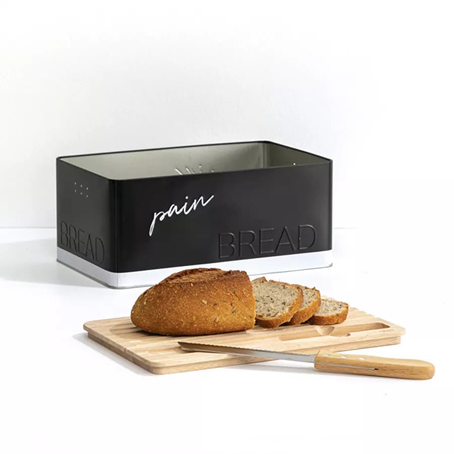 Contenitore per pane 33x15h cm in metallo nero e legno naturale con coltello e tagliere