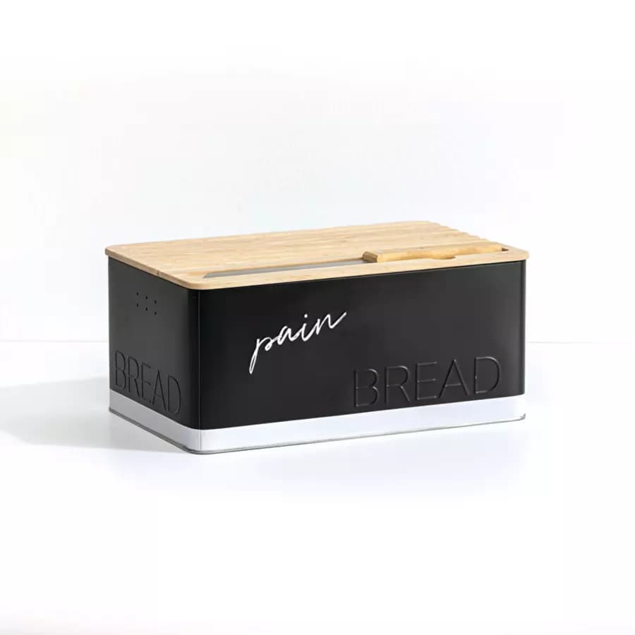 Contenitore per pane 33x15h cm in metallo nero e legno naturale con coltello e tagliere