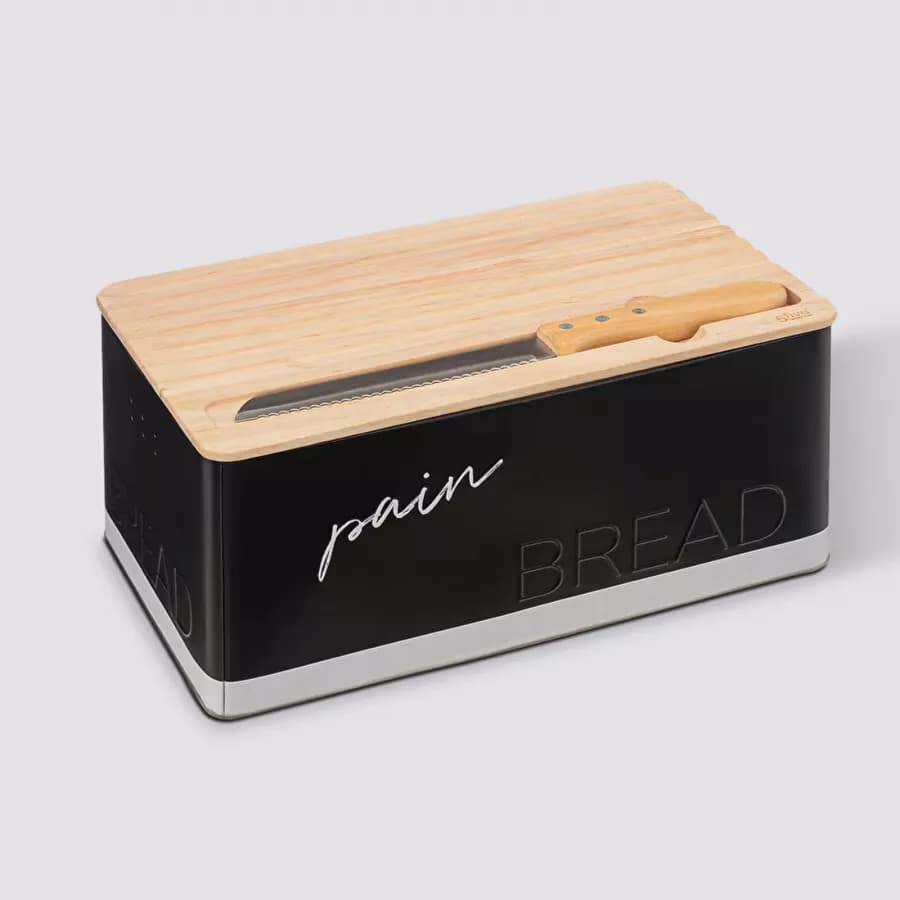 Contenitore per pane 33x15h cm in metallo nero e legno naturale con coltello e tagliere