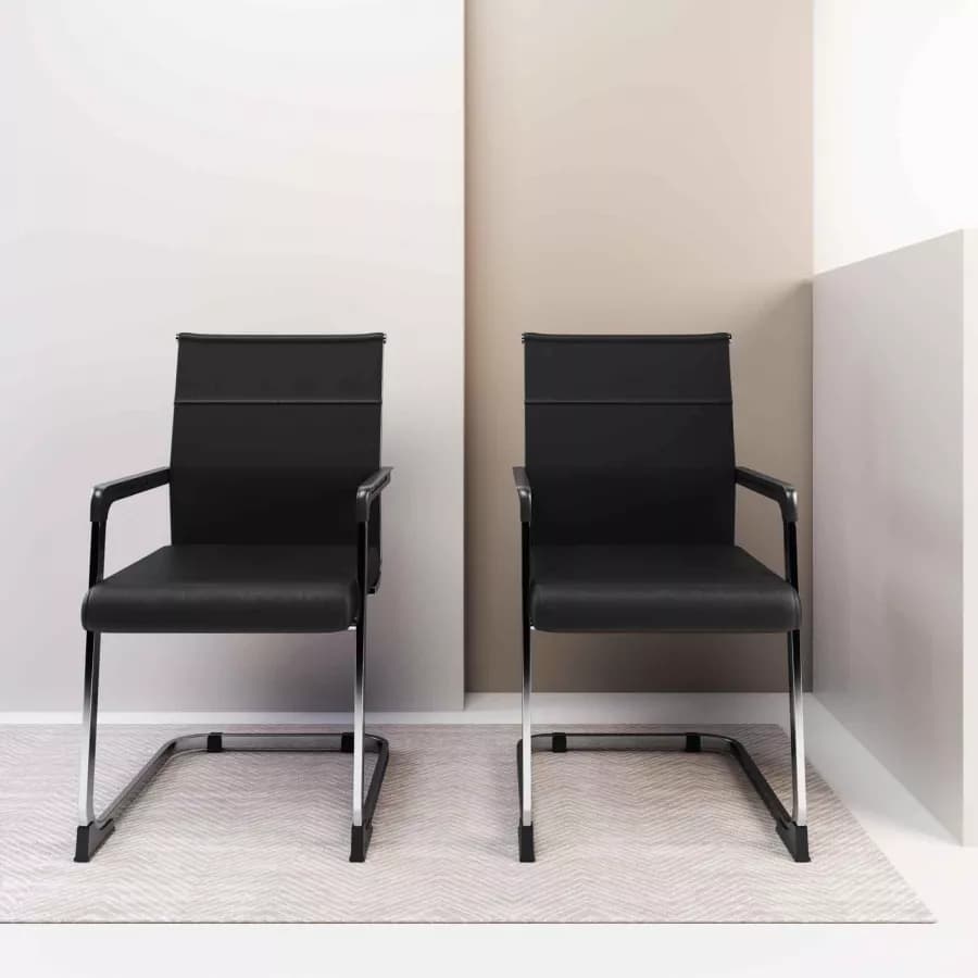 Set 2 poltrone da ufficio in similpelle nero con struttura a slitta cromo - Senior