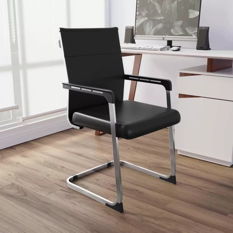 Set 2 poltrone da ufficio in similpelle nero con struttura a slitta cromo - Senior