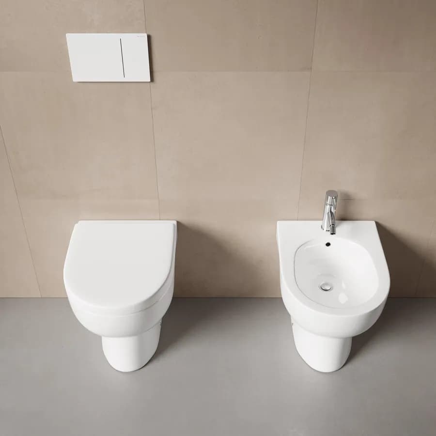 Coppia di sanitari filomuro in ceramica rimless con copriwc softclose - Clear