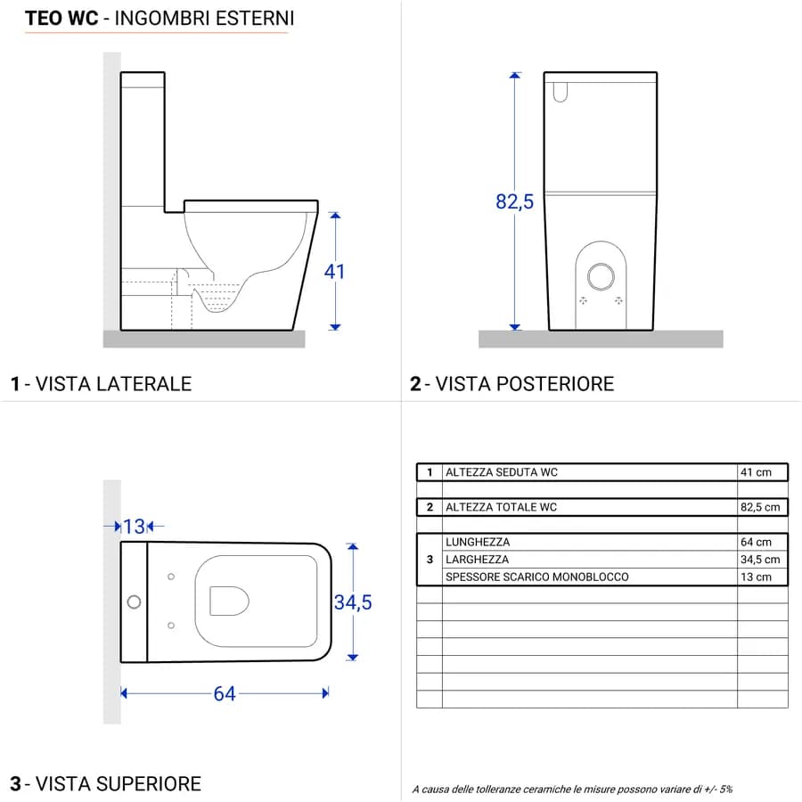 Sanitari filomuro monoblocco rimless sedile SoftcCose a sgancio rapido - Teo