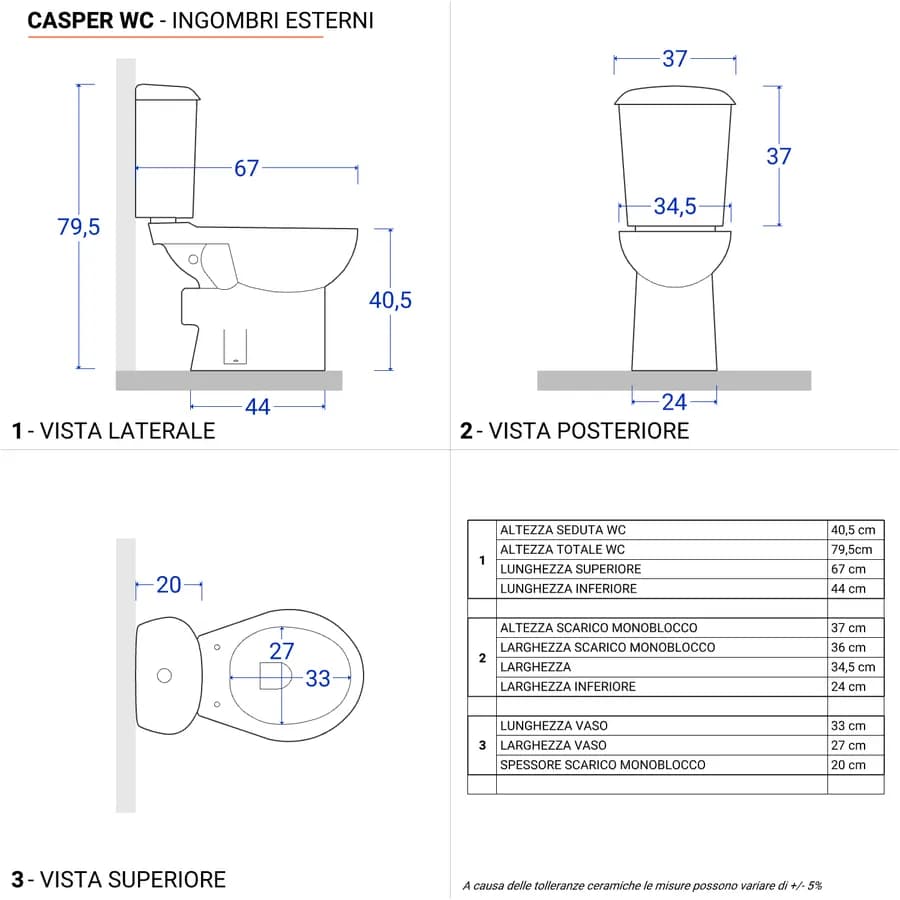Sanitari monoblocco con scarico a parete e sedile softclose bianco - Casper