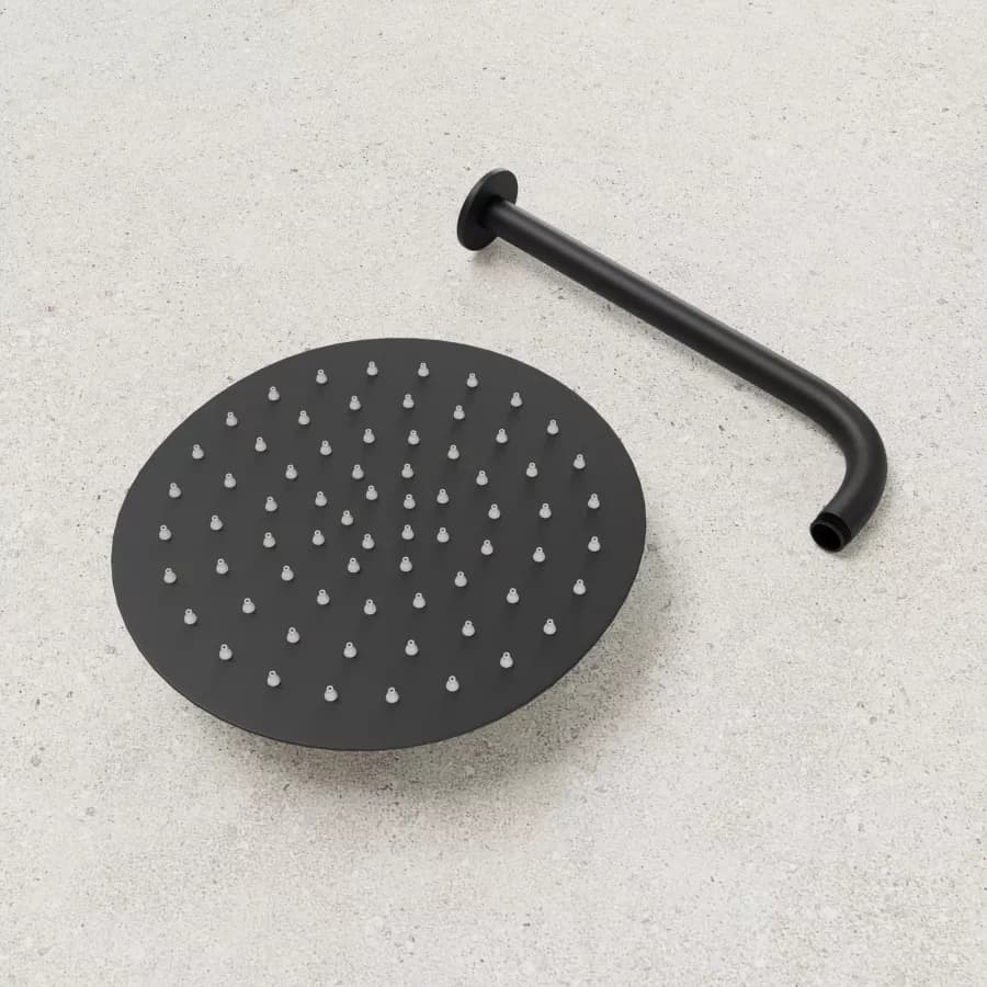 Coppia soffione e braccio doccia nero opaco design ultraslim con diametro 25 cm